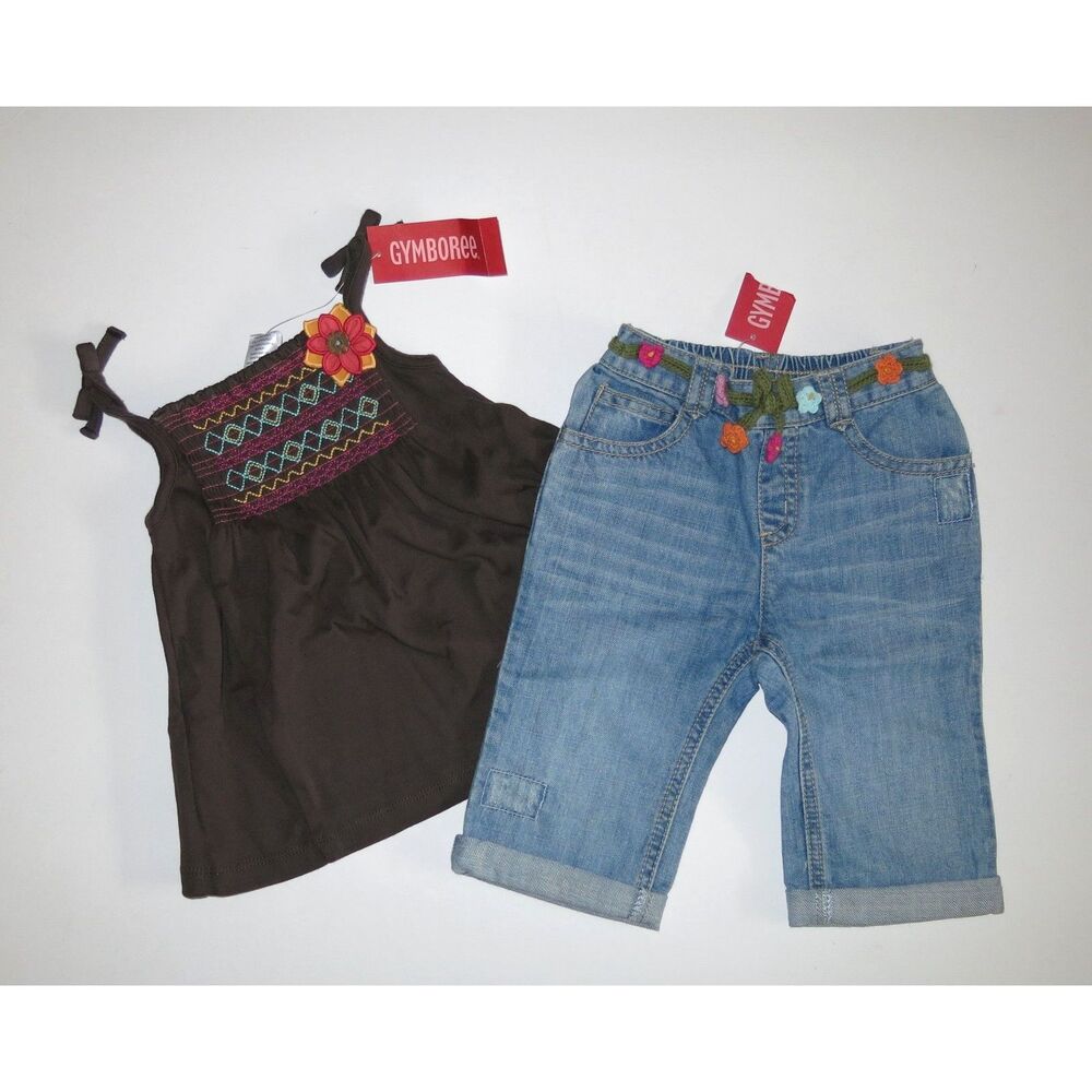 NEW Gymboree girls outfit 2T shirt brown pink smocked tank top capri jeans pants
